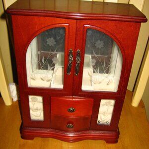 Jewelry Armoire Cabinet with Etched Glass and Drawers